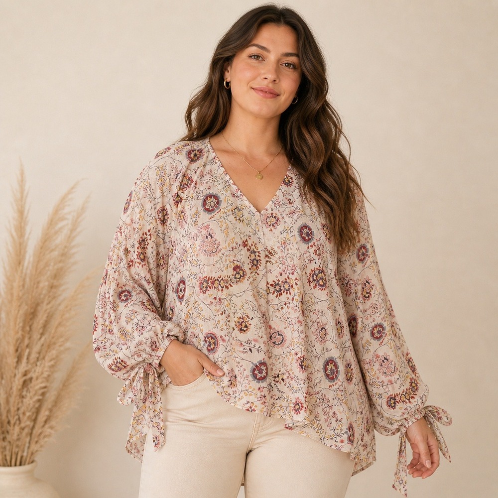 Rose & Olive Cream Floral V-Neck Tie-Sleeve Blouse